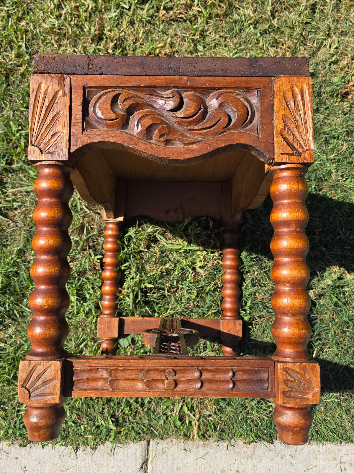 Vtg Black Forest Style Carved Wood Stool Table Bobbin Leg Footstool Bench 23"