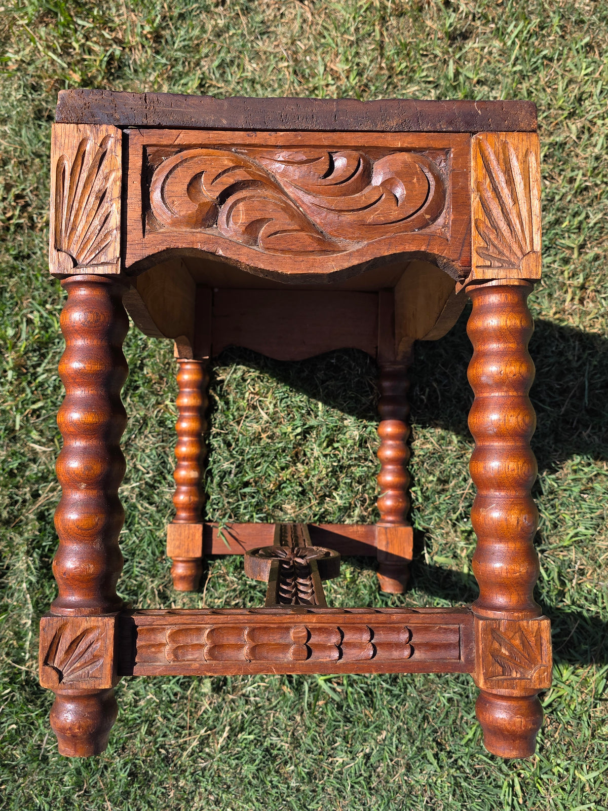 Vtg Black Forest Style Carved Wood Stool Table Bobbin Leg Footstool Bench 23"