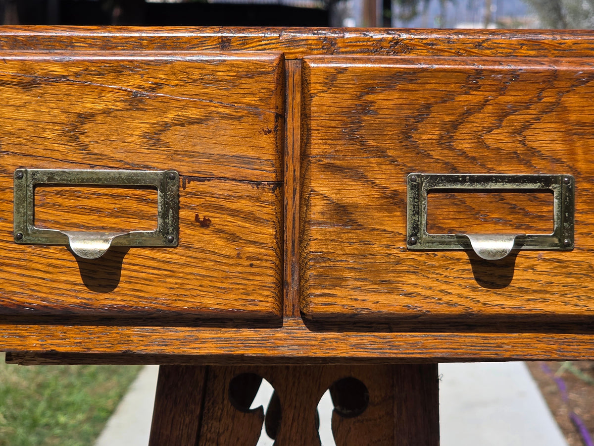 Antique Oak Card Catalog 2 Drawer Library File Box Desk Recipe Holder (Damage)