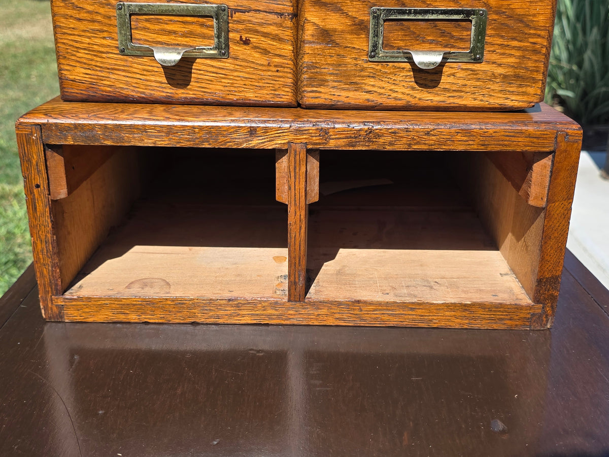 Antique Oak Card Catalog 2 Drawer Library File Box Desk Recipe Holder (Damage)