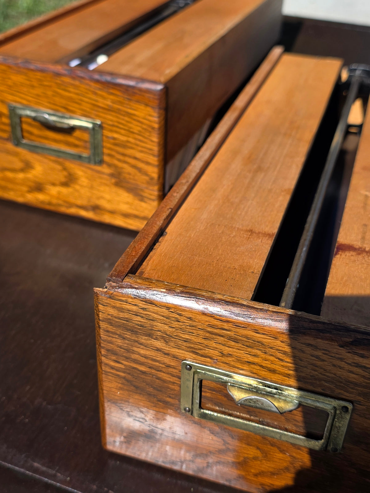 Antique Oak Card Catalog 2 Drawer Library File Box Desk Recipe Holder (Damage)