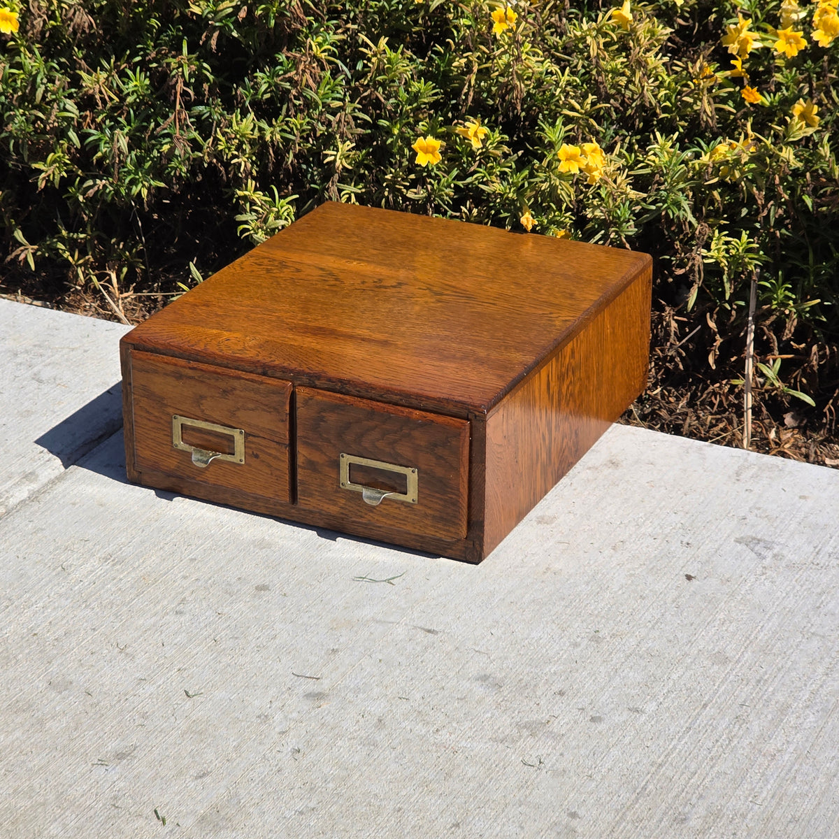 Antique Oak Card Catalog 2 Drawer Library File Box Desk Recipe Holder (Damage)