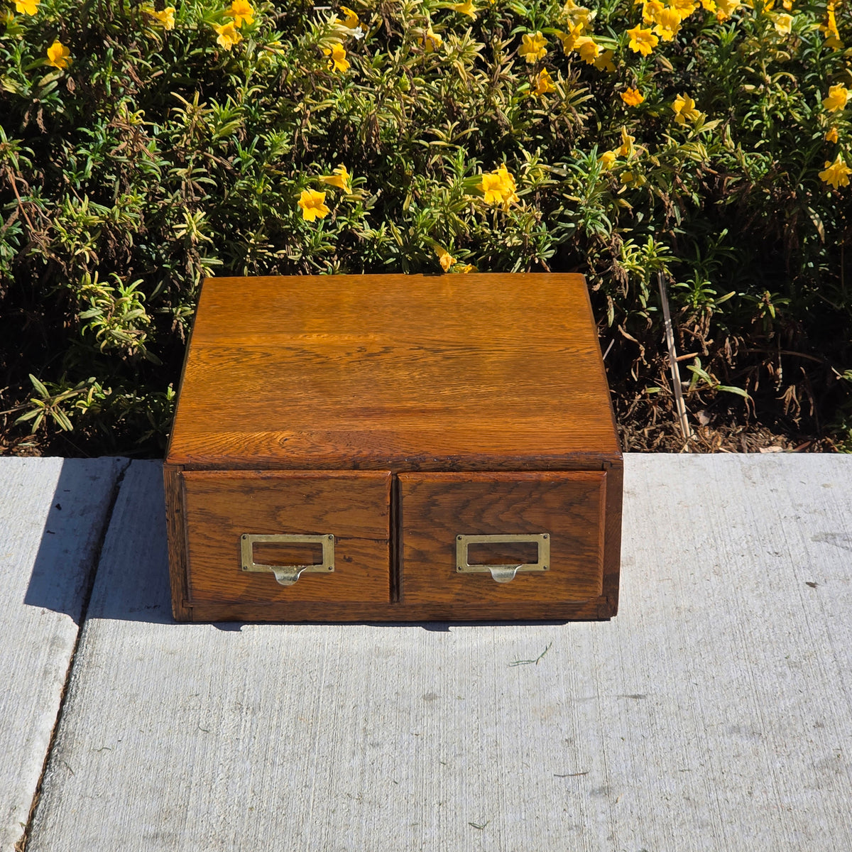 Antique Oak Card Catalog 2 Drawer Library File Box Desk Recipe Holder (Damage)