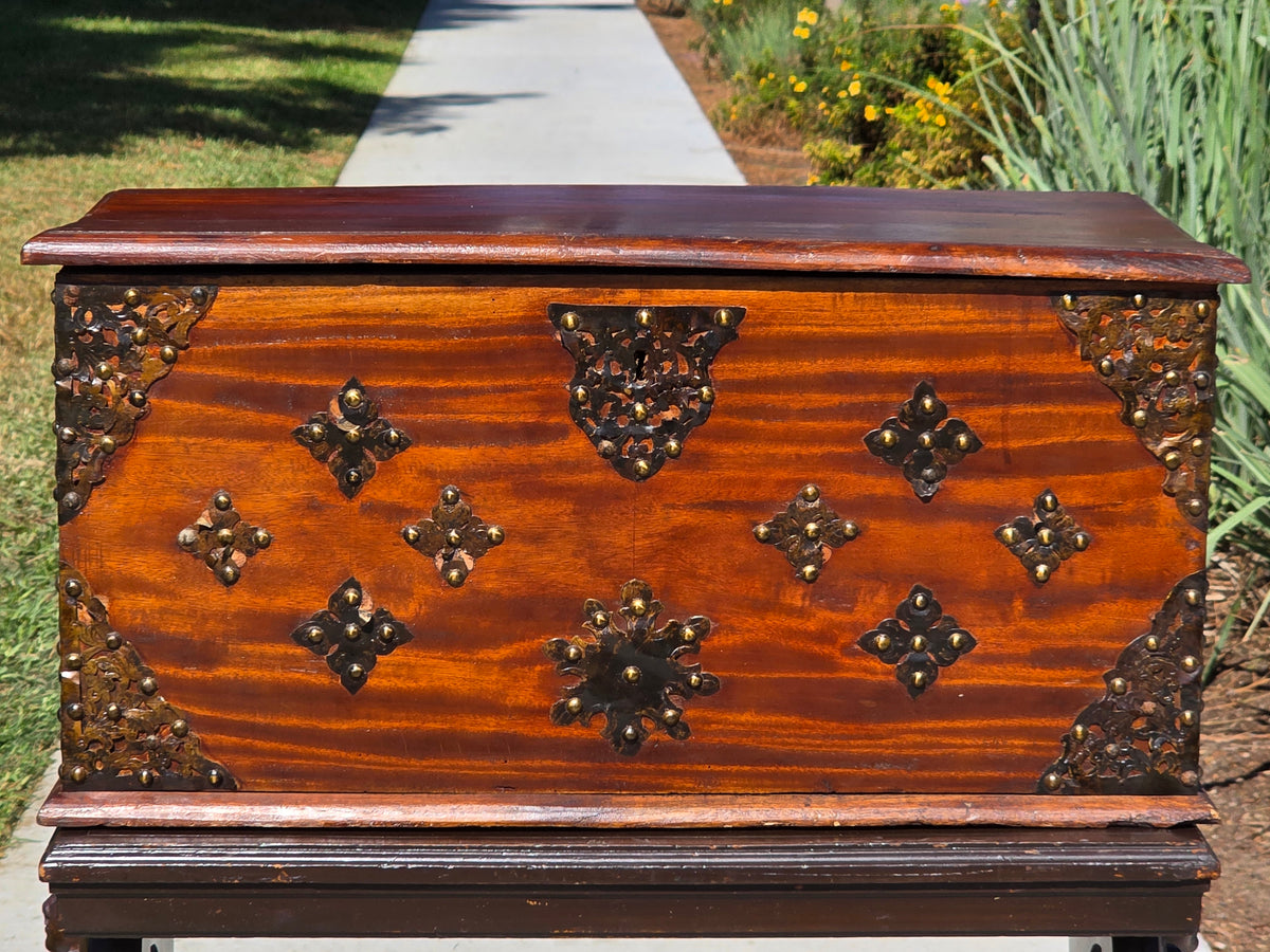 Antique Dutch Colonial Teak Wood Blanket Box Trunk Studded Brass Inlaid Chest