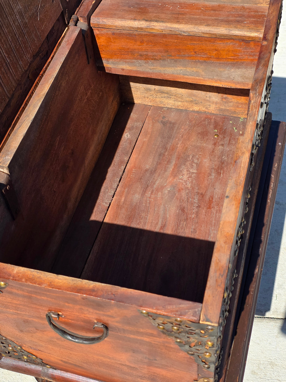 Antique Dutch Colonial Teak Wood Blanket Box Trunk Studded Brass Inlaid Chest