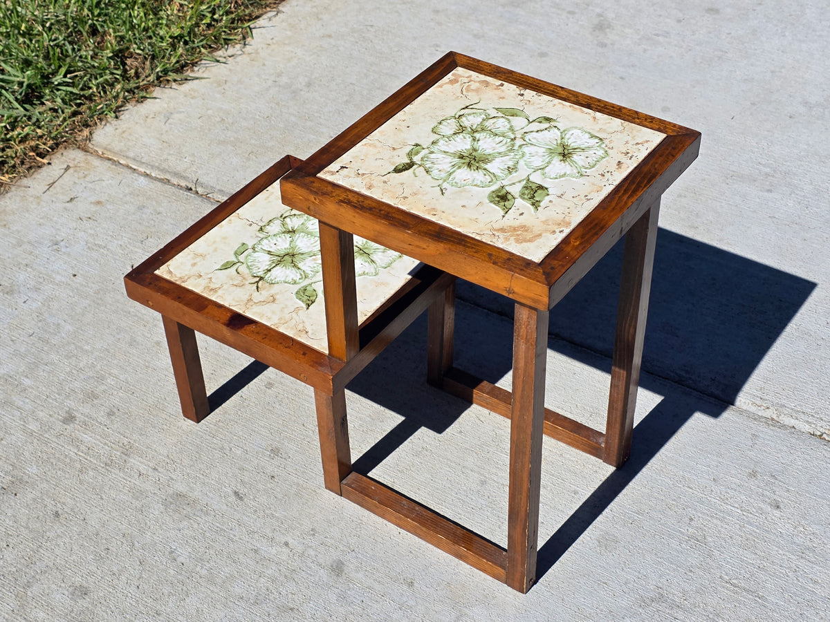 Vintage MCM 2 Tier Wood Plant Stand Italy Tile Top Buffet Food Server Table Rise