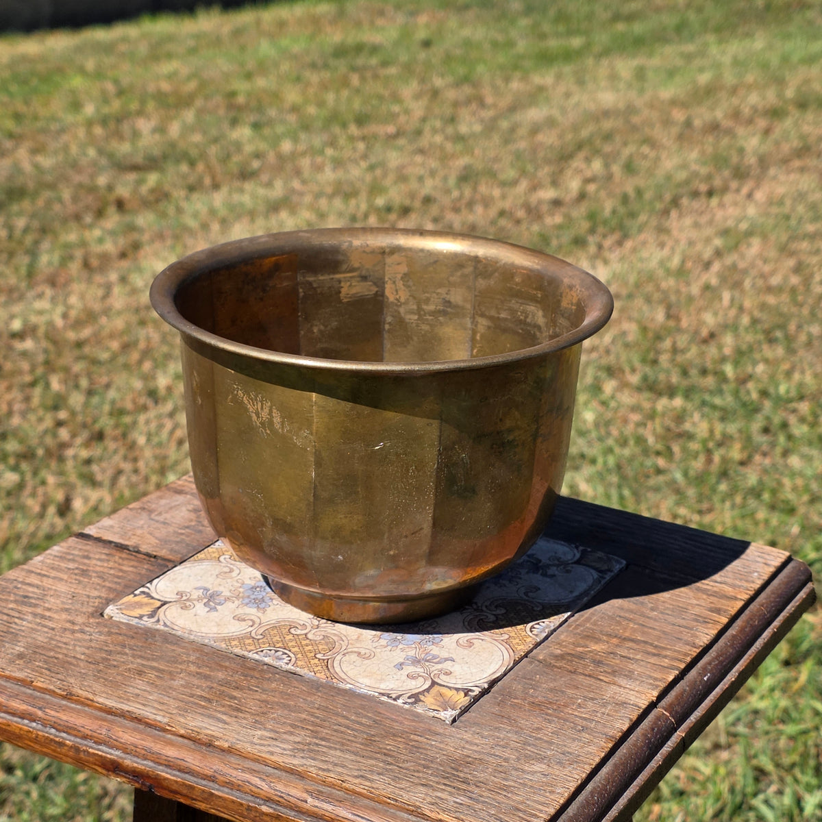 MCM Vintage Faceted Paneled Solid Brass Planter Flared Cachepot Plant Pot 7"