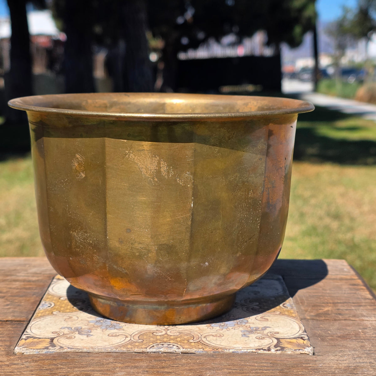 MCM Vintage Faceted Paneled Solid Brass Planter Flared Cachepot Plant Pot 7"