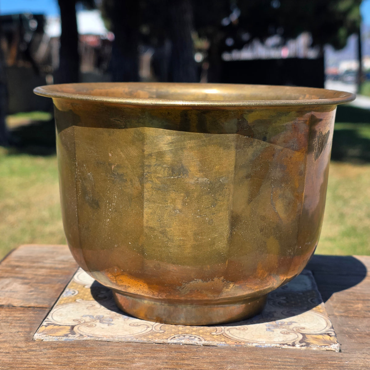 MCM Vintage Faceted Paneled Solid Brass Planter Flared Cachepot Plant Pot 7"