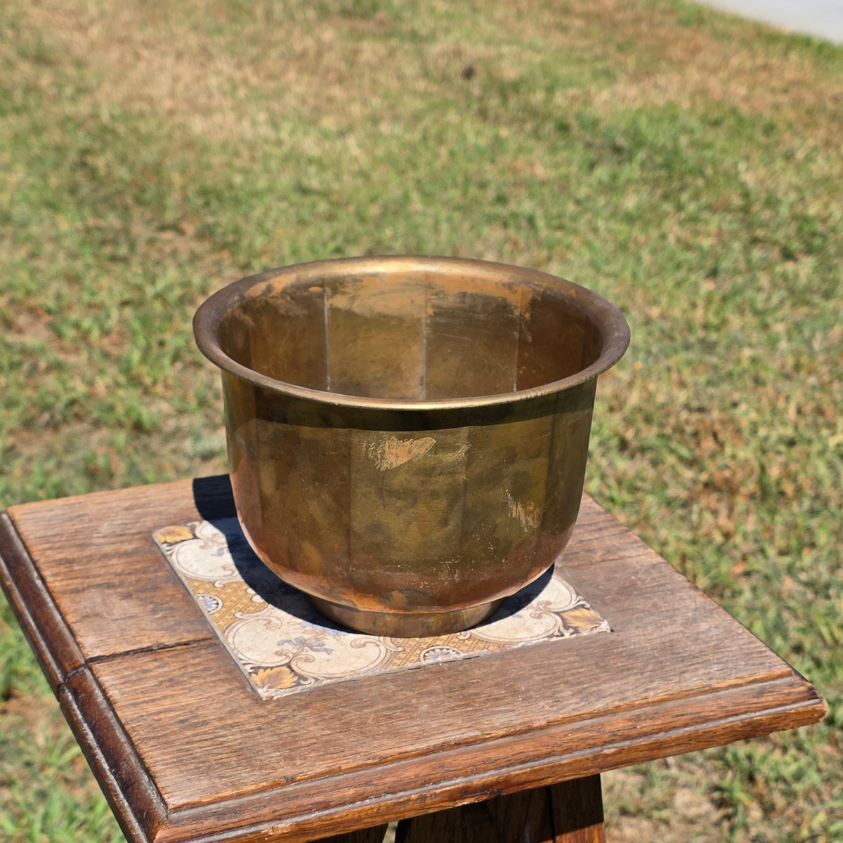 MCM Vintage Faceted Paneled Solid Brass Planter Flared Cachepot Plant Pot 7"