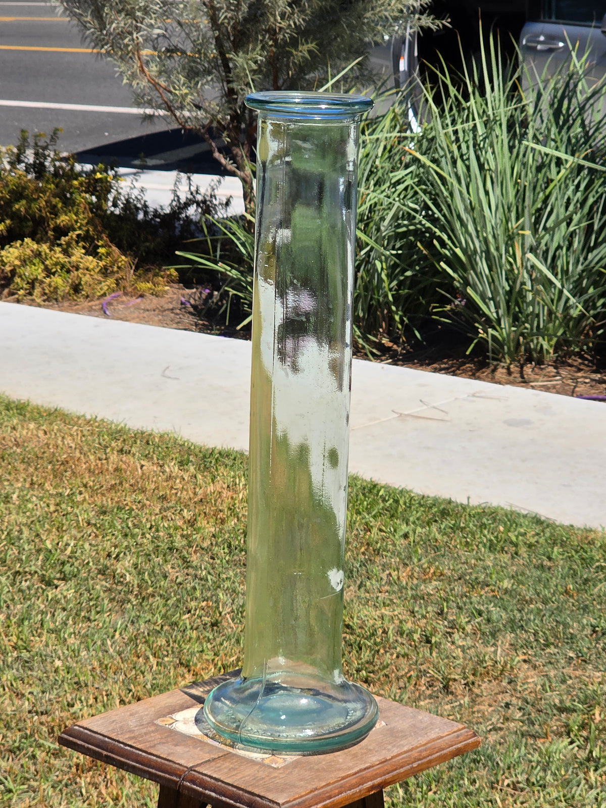 Vintage Blenko Style Tall Cylinder Floor Vase Italy Green Recycled Glass 22.75"