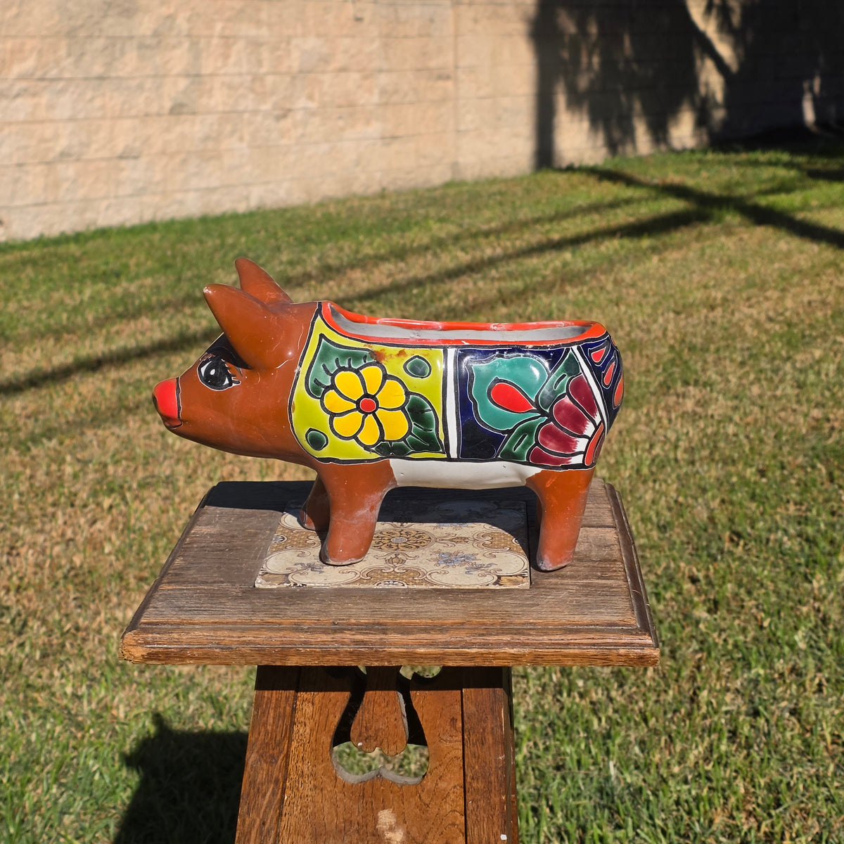 Vintage Talavera Pig Planter Mexico Ceramic Clay Flower Pot Folk Art Brown Blue