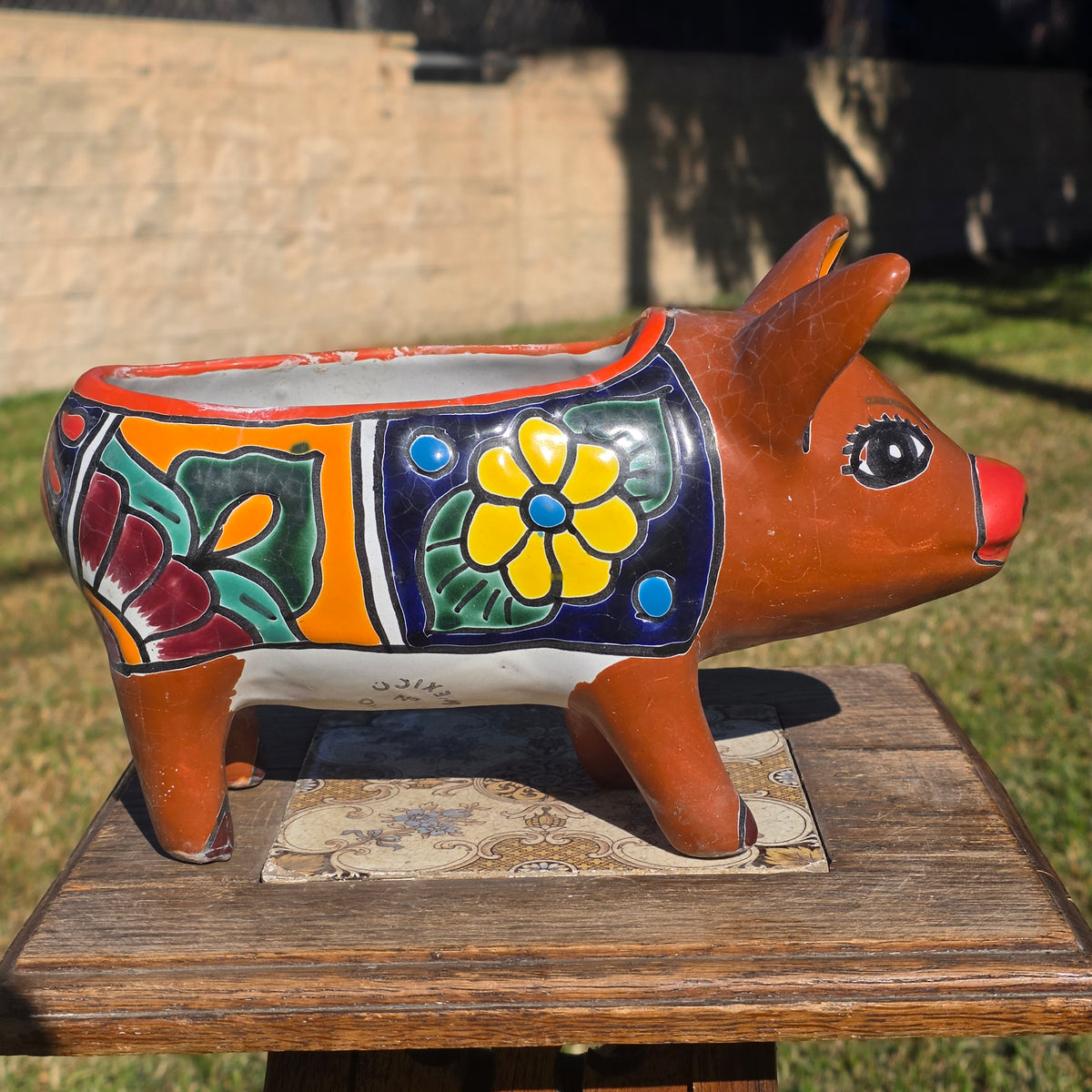 Vintage Talavera Pig Planter Mexico Ceramic Clay Flower Pot Folk Art Brown Blue