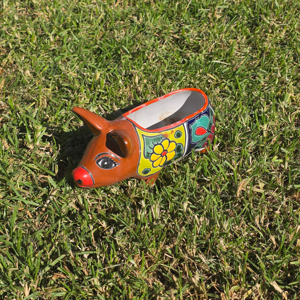 Vintage Talavera Pig Planter Mexico Ceramic Clay Flower Pot Folk Art Brown Blue