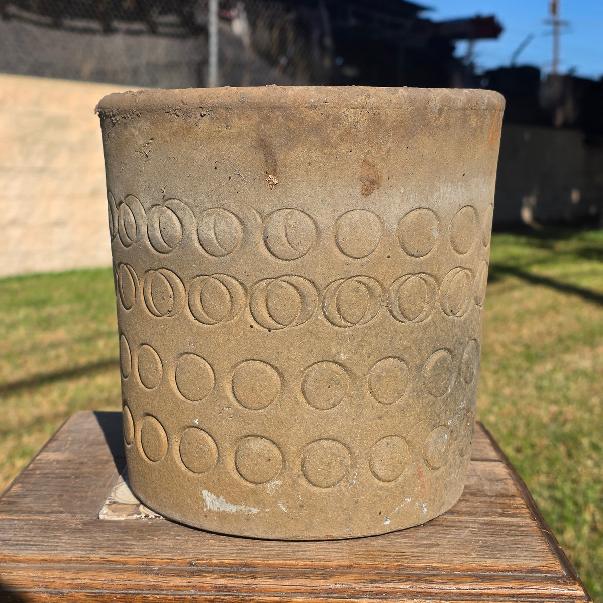 Vtg Mid Century Modern Terracotta Planter Geometric Circles Embossed Clay Pot