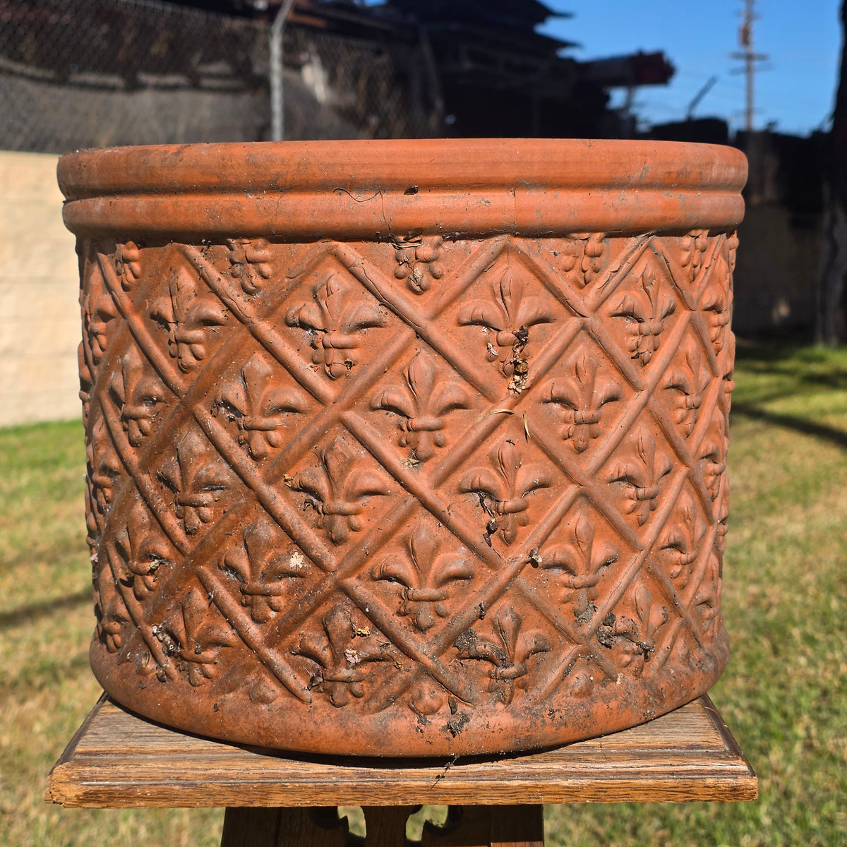 Vintage Fleur de Lis Terracotta Planter 12" Round Clay Garden Flower Pot Heavy