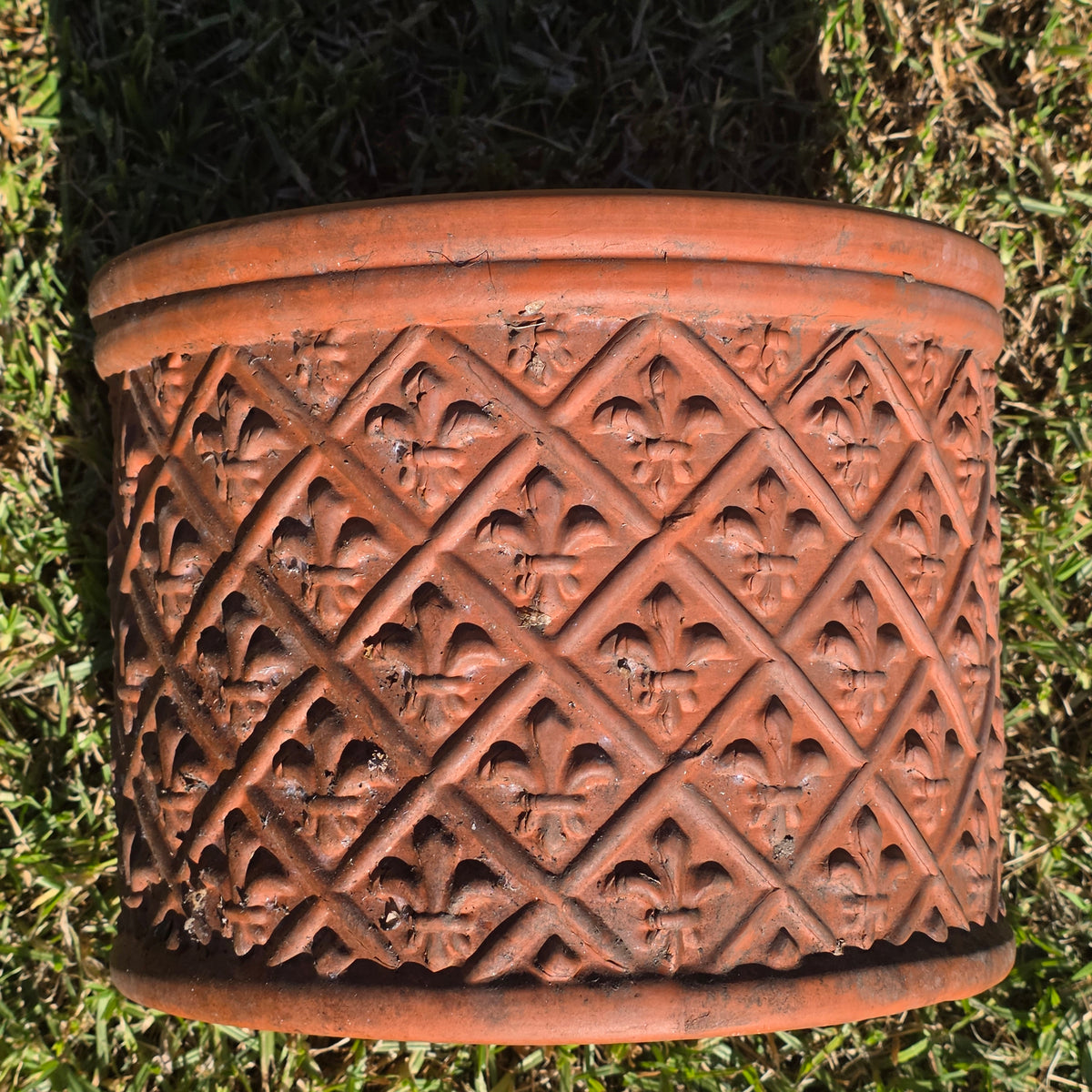 Vintage Fleur de Lis Terracotta Planter 12" Round Clay Garden Flower Pot Heavy