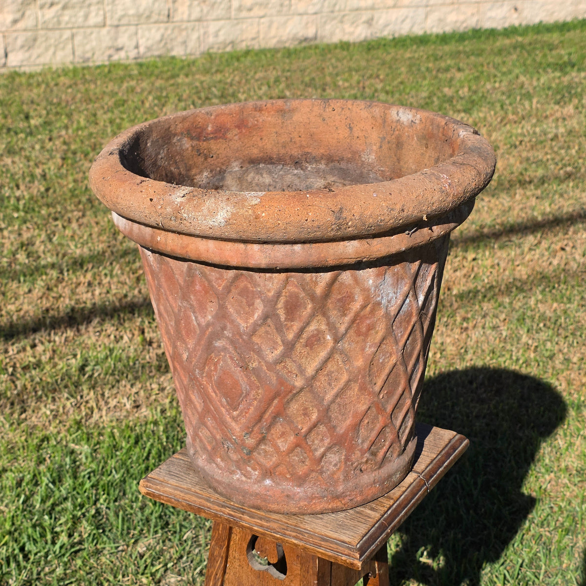 Vtg Terracotta Planter Pot Large 16" Diamond Lattice Trellis Rustic Clay Garden