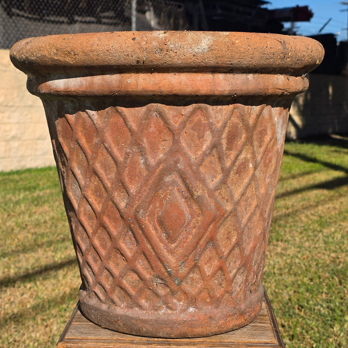 Vtg Terracotta Planter Pot Large 16" Diamond Lattice Trellis Rustic Clay Garden