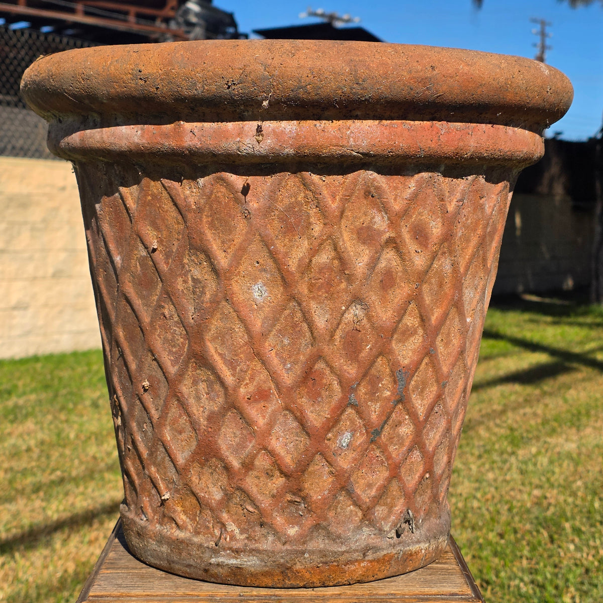 Vtg Terracotta Planter Pot Large 16" Diamond Lattice Trellis Rustic Clay Garden