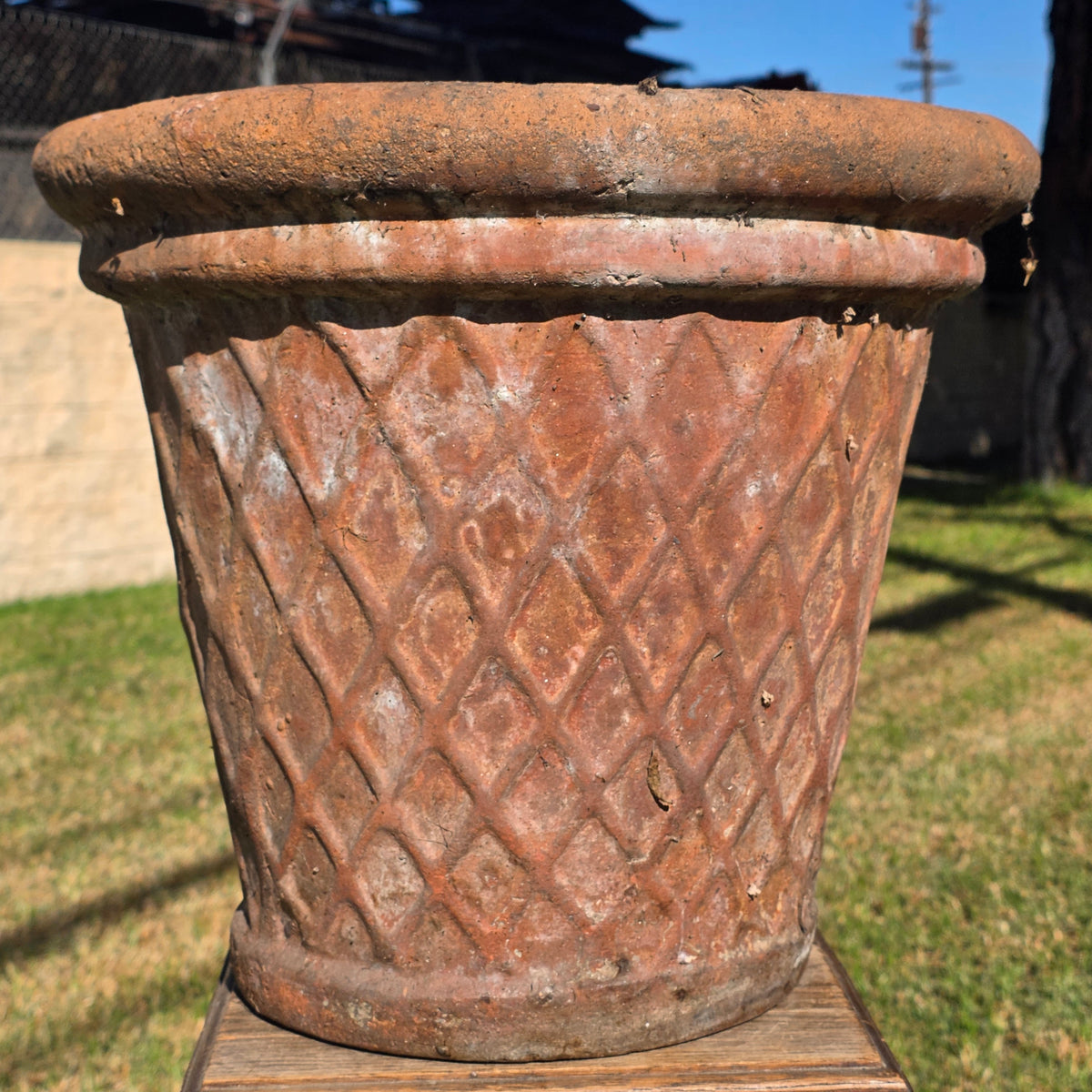 Vtg Terracotta Planter Pot Large 16" Diamond Lattice Trellis Rustic Clay Garden
