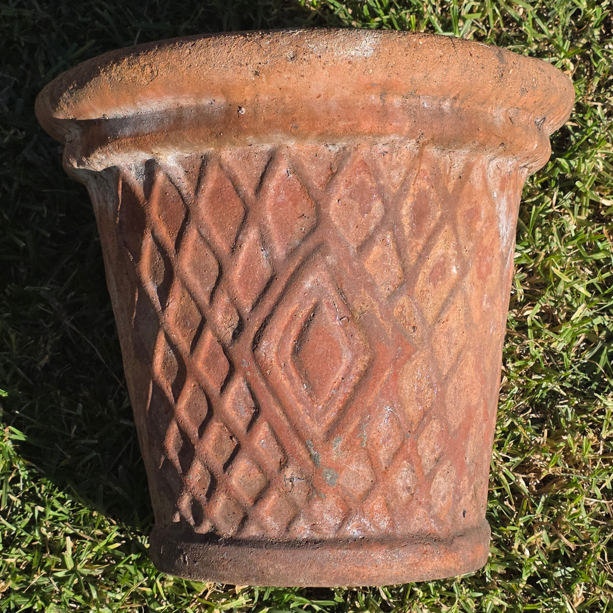 Vtg Terracotta Planter Pot Large 16" Diamond Lattice Trellis Rustic Clay Garden