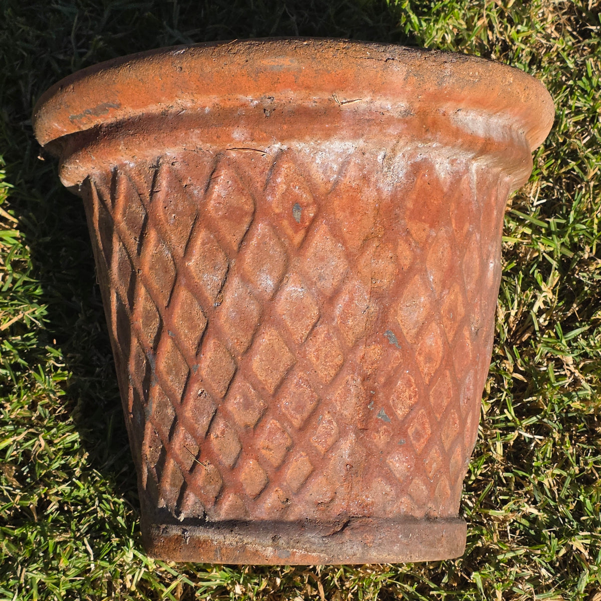 Vtg Terracotta Planter Pot Large 16" Diamond Lattice Trellis Rustic Clay Garden