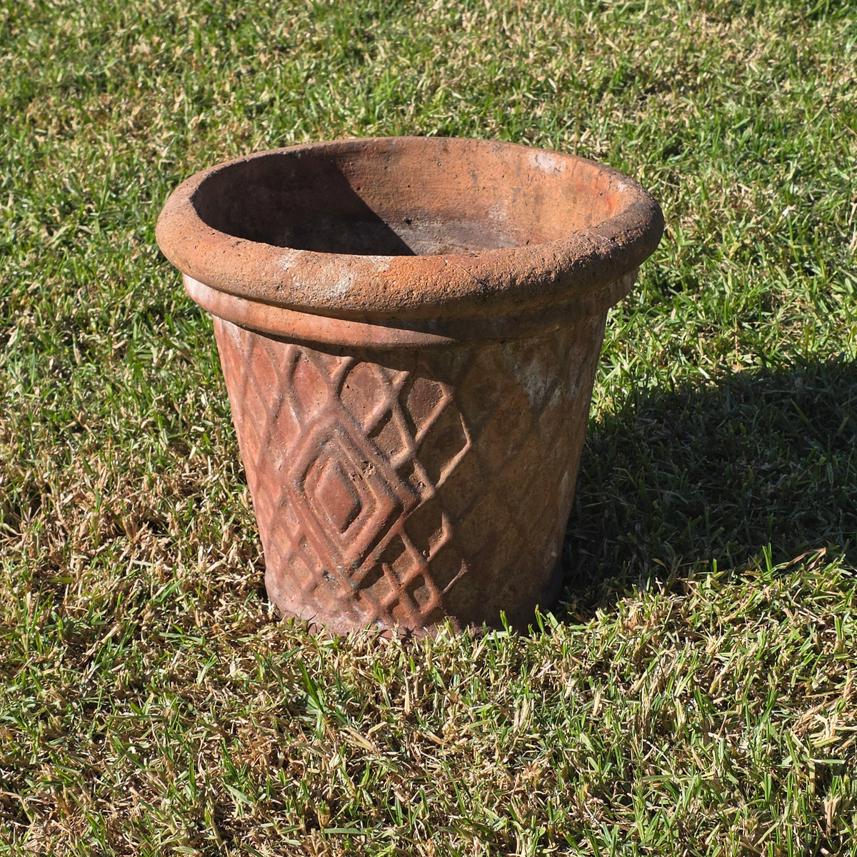 Vtg Terracotta Planter Pot Large 16" Diamond Lattice Trellis Rustic Clay Garden