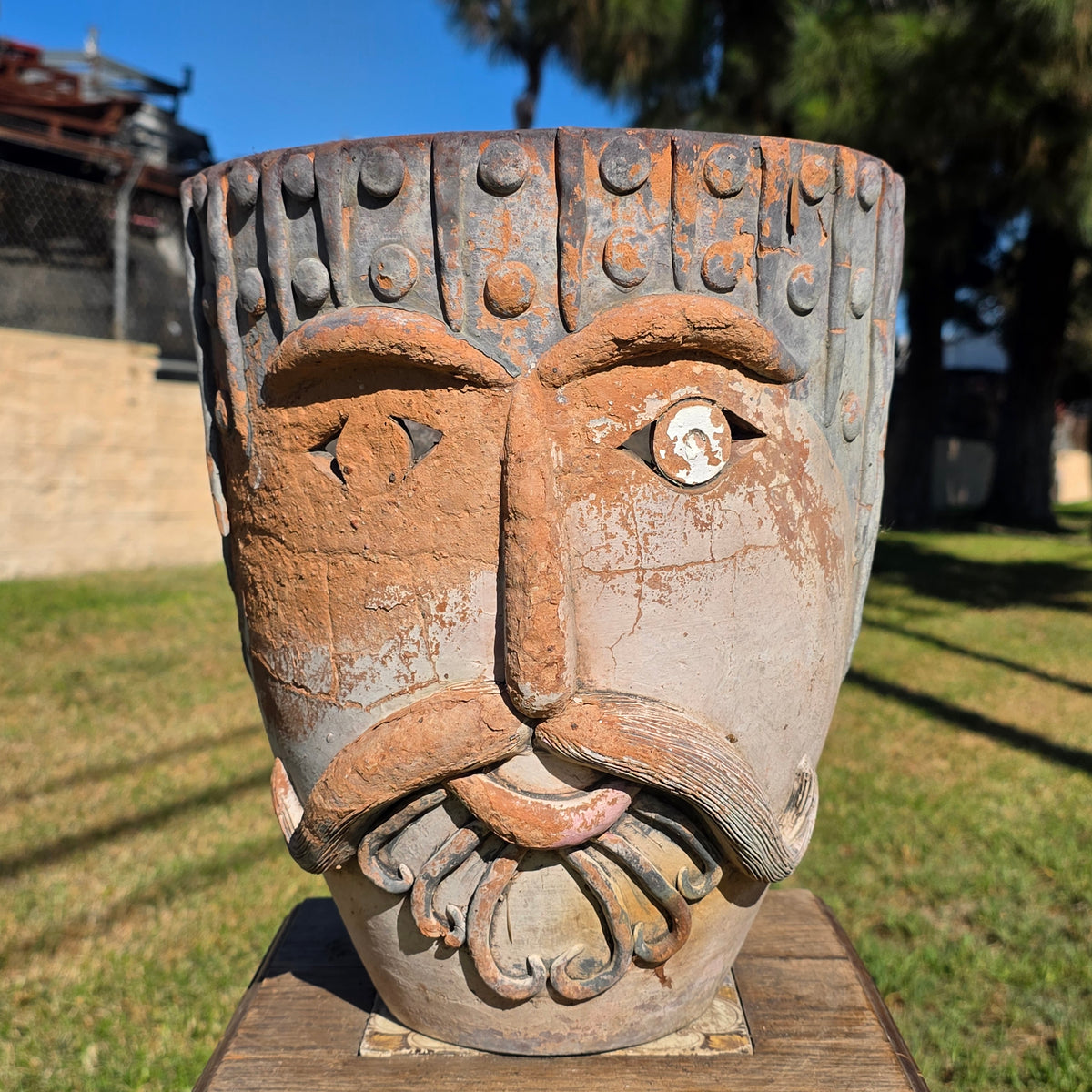 Vtg 1960s Mexican Terracotta Face Planter Pot Folk Art Head Pair Man Woman Set