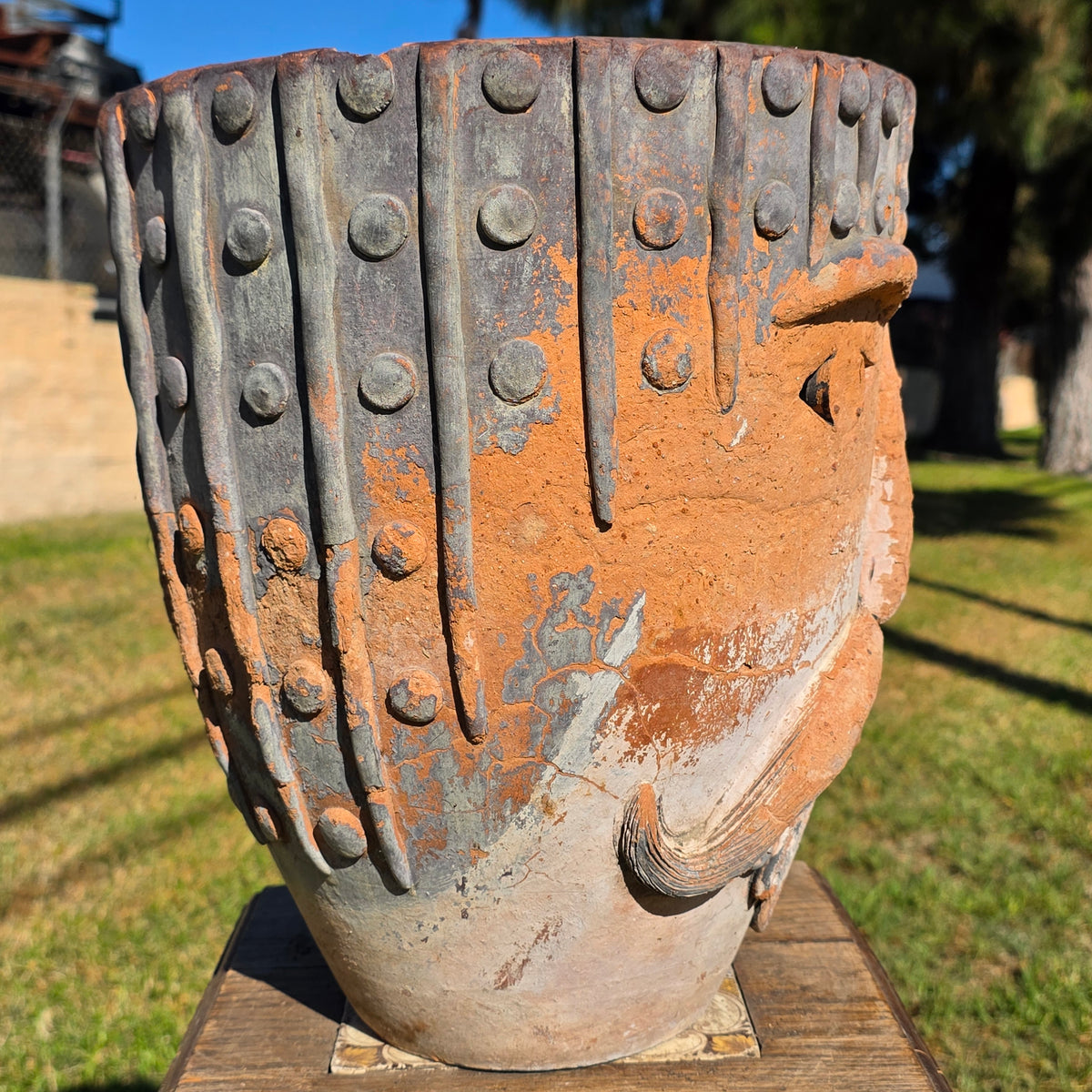 Vtg 1960s Mexican Terracotta Face Planter Pot Folk Art Head Pair Man Woman Set