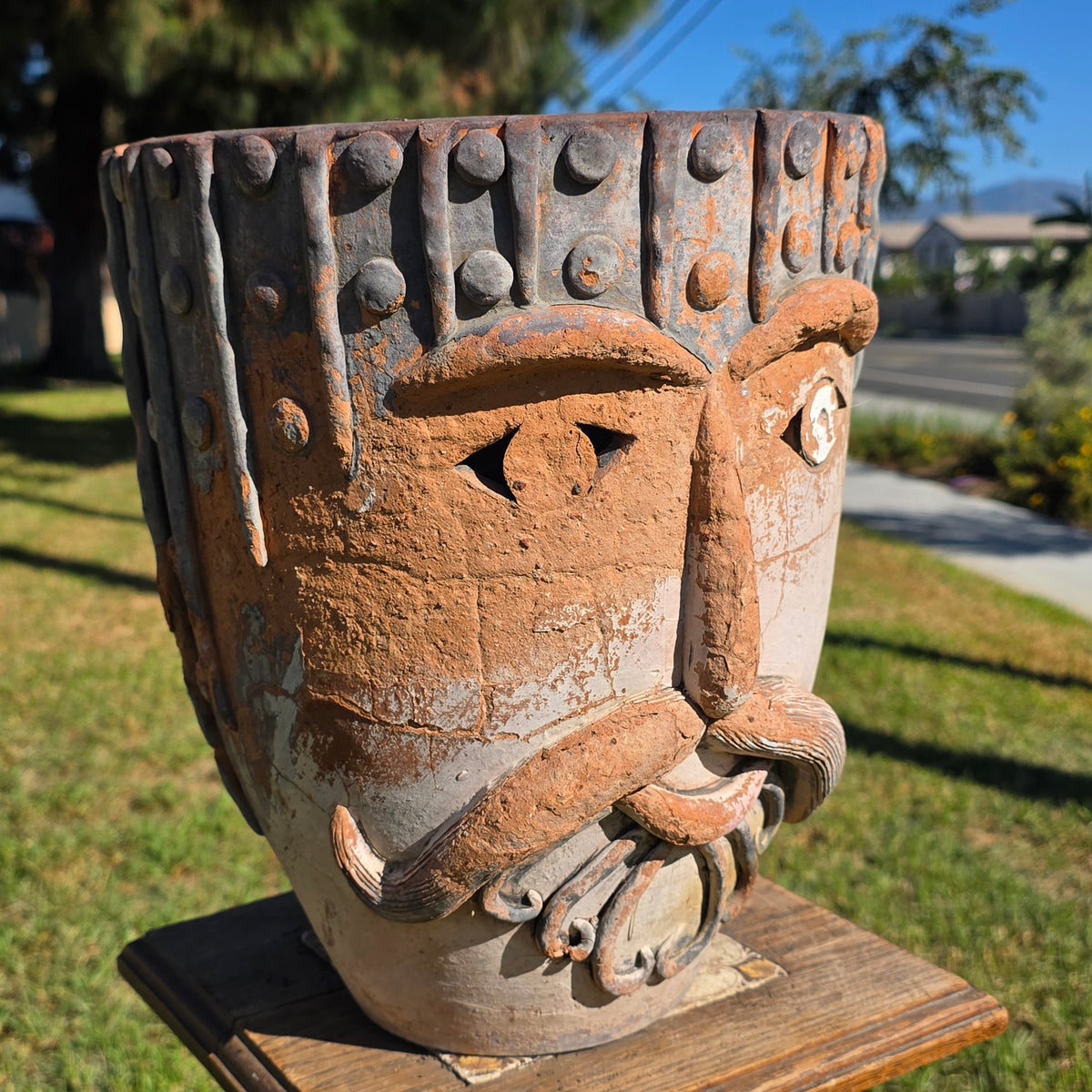 Vtg 1960s Mexican Terracotta Face Planter Pot Folk Art Head Pair Man Woman Set