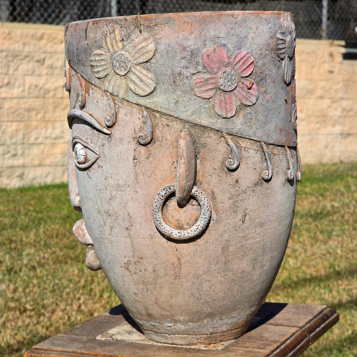Vtg 1960s Mexican Terracotta Face Planter Pot Folk Art Head Pair Man Woman Set