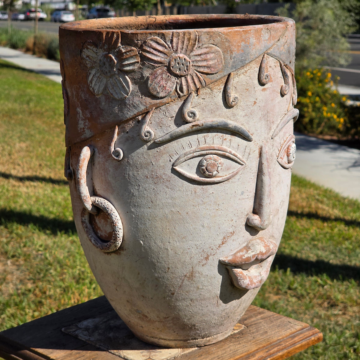 Vtg 1960s Mexican Terracotta Face Planter Pot Folk Art Head Pair Man Woman Set