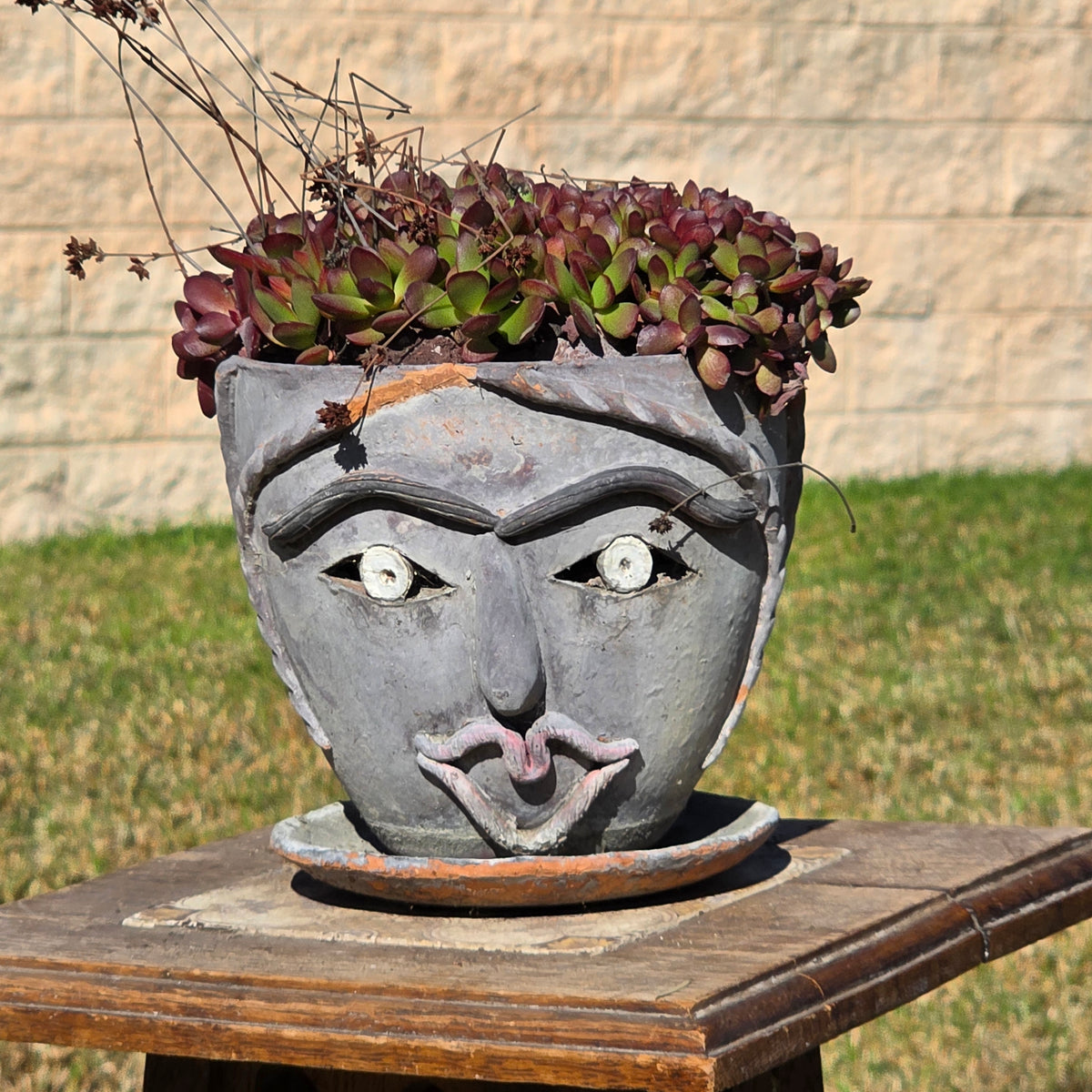 Vintage Mexican Face Planter with Saucer Terracotta Head Flower Pot Small 6"