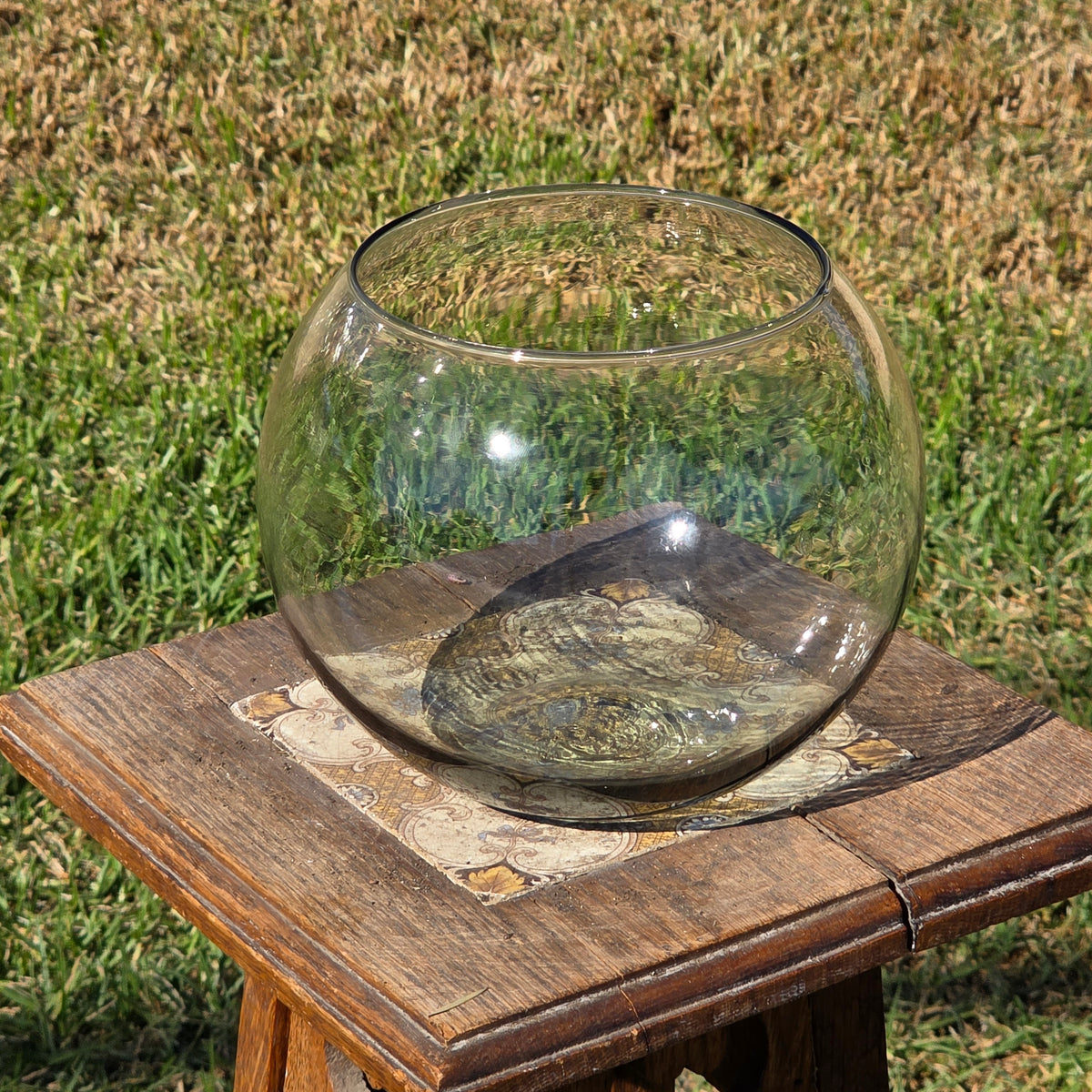 Vintage Smoked Glass Fish Bowl 8" Bubble Vase Tinted Green Terrarium MCM Round