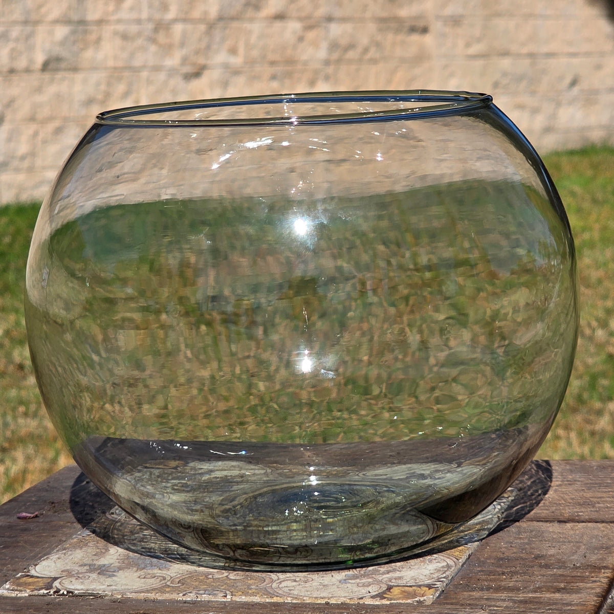 Vintage Smoked Glass Fish Bowl 8" Bubble Vase Tinted Green Terrarium MCM Round