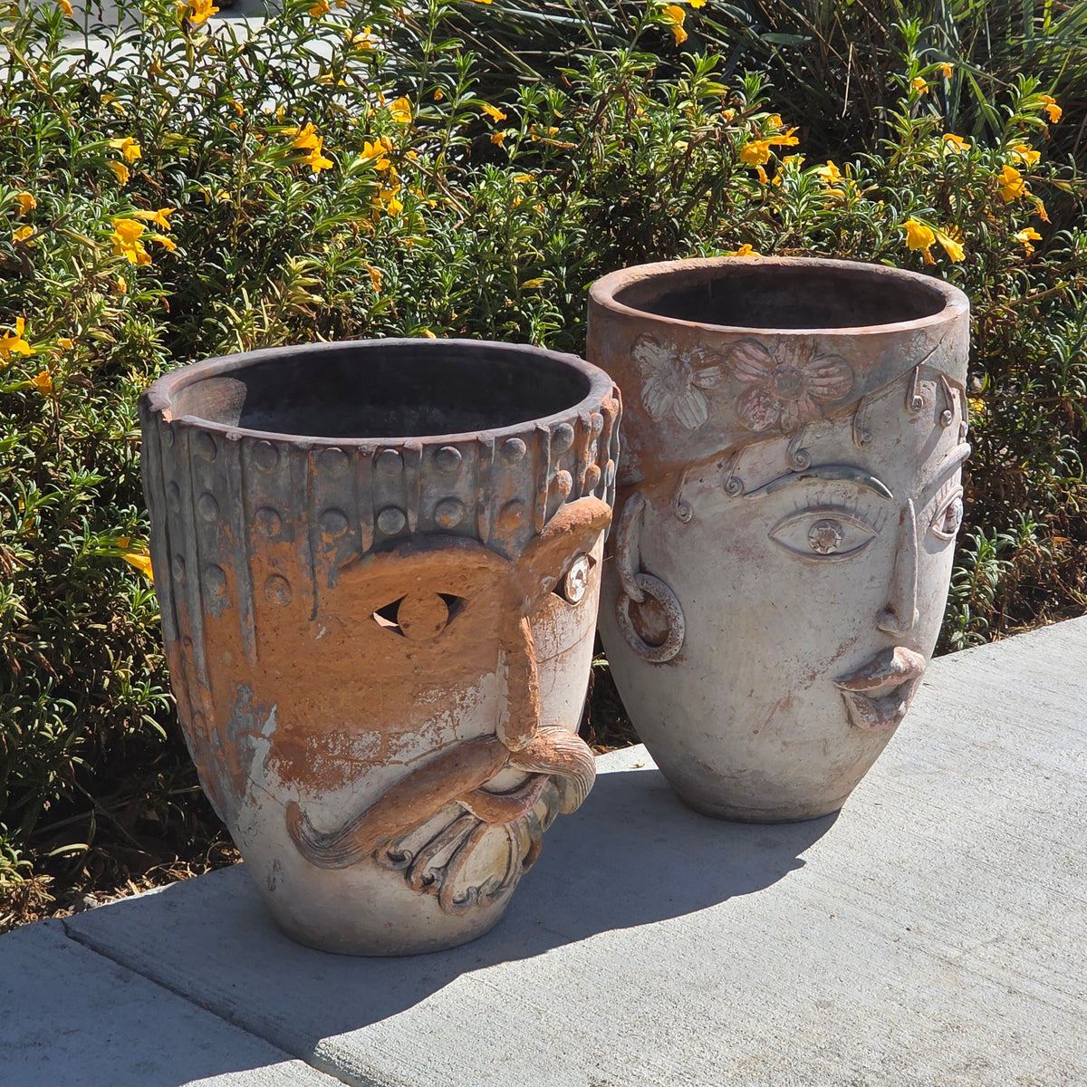 Vtg 1960s Mexican Terracotta Face Planter Pot Folk Art Head Pair Man Woman Set