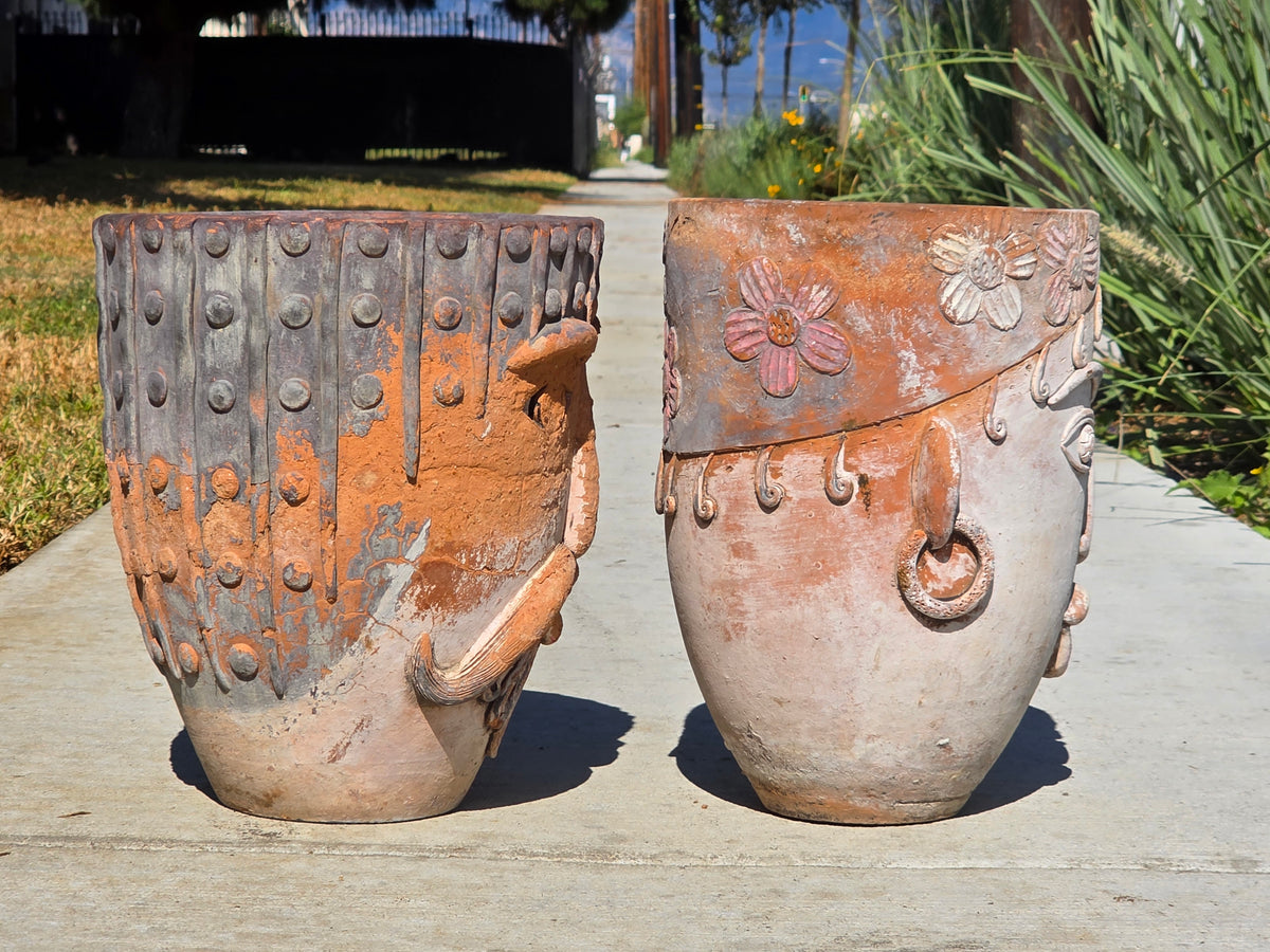 Vtg 1960s Mexican Terracotta Face Planter Pot Folk Art Head Pair Man Woman Set