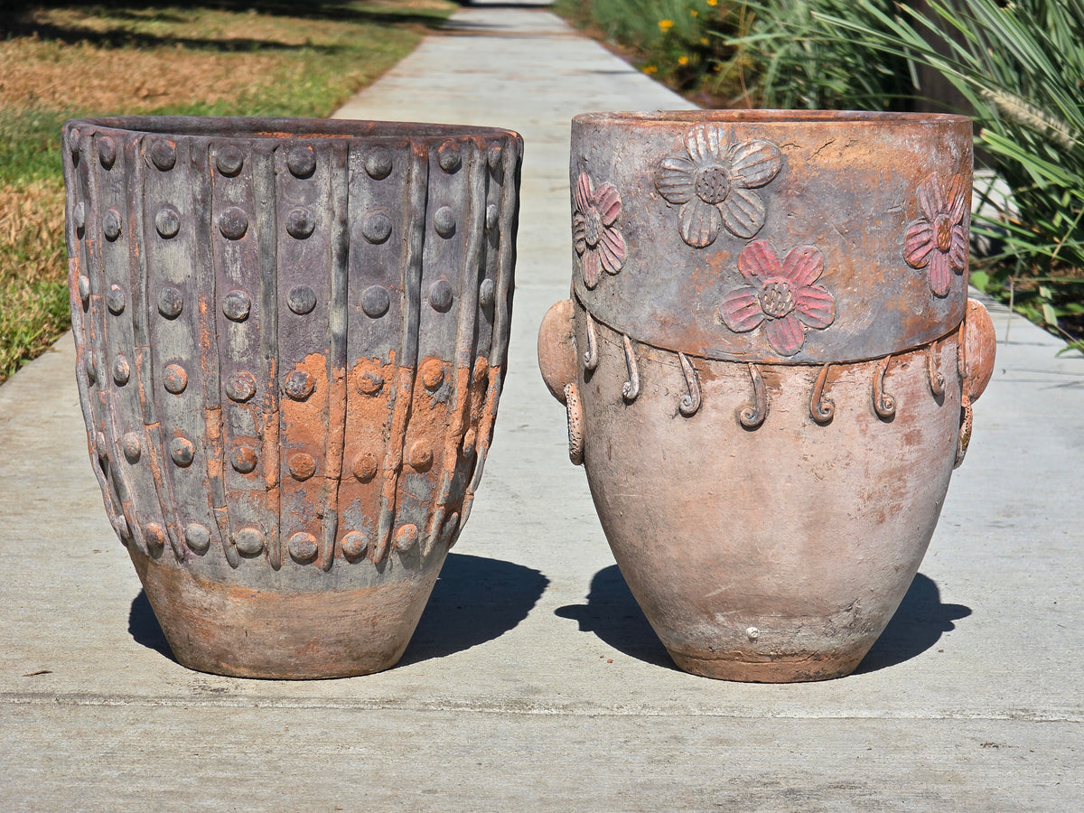 Vtg 1960s Mexican Terracotta Face Planter Pot Folk Art Head Pair Man Woman Set
