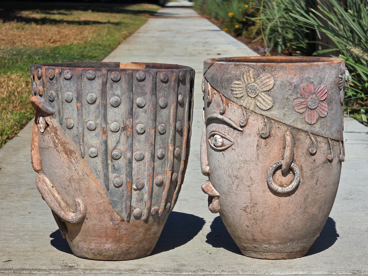 Vtg 1960s Mexican Terracotta Face Planter Pot Folk Art Head Pair Man Woman Set