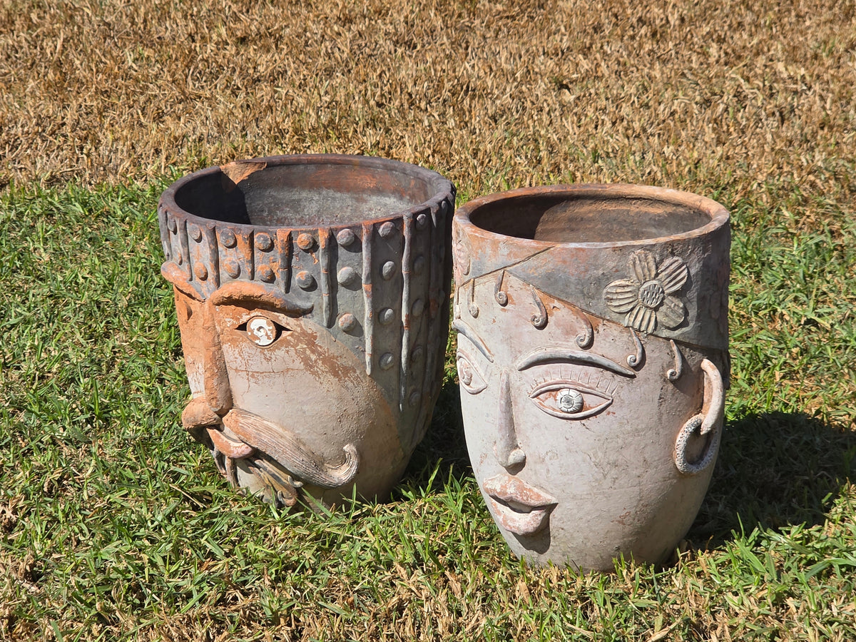 Vtg 1960s Mexican Terracotta Face Planter Pot Folk Art Head Pair Man Woman Set