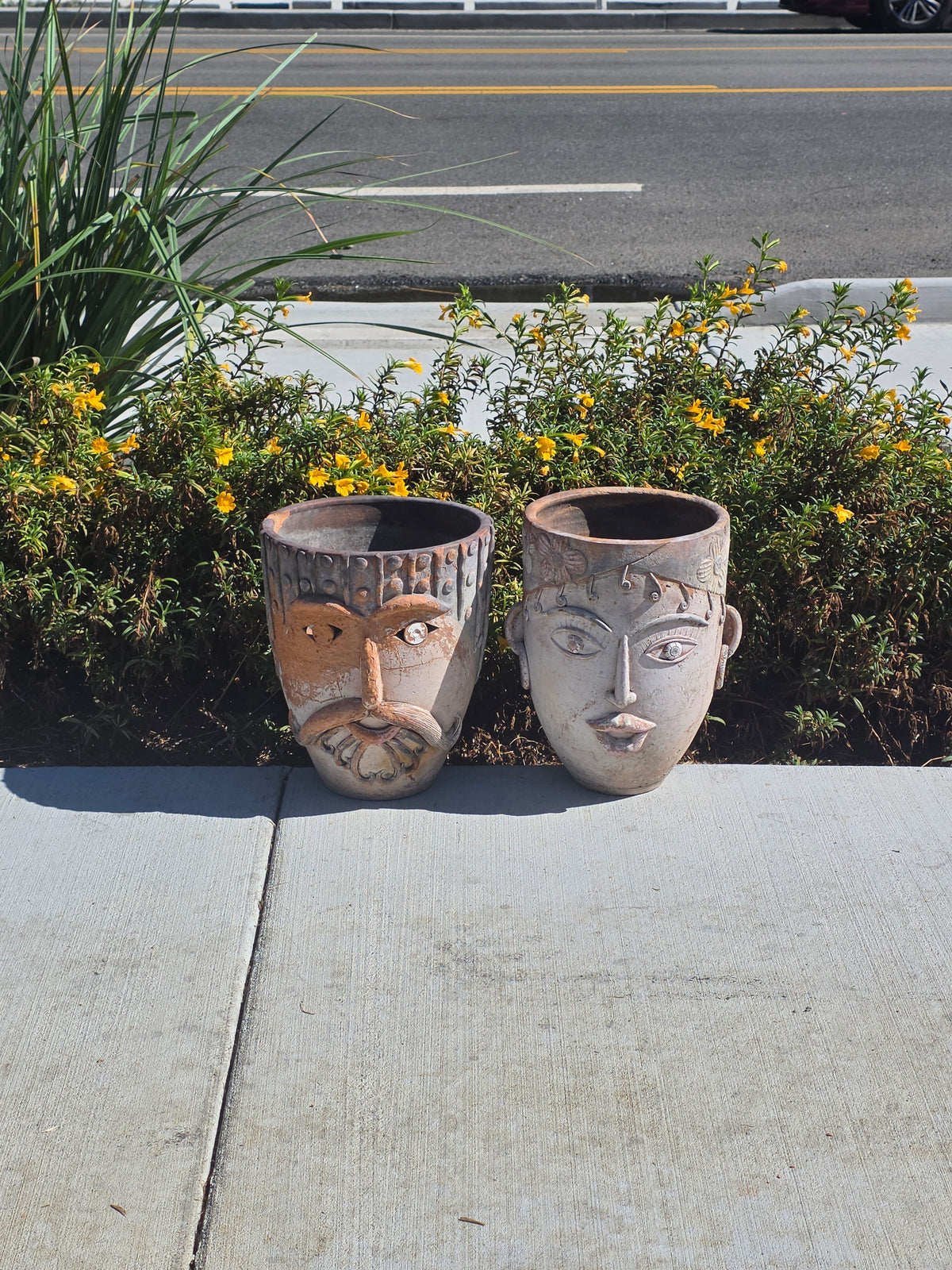 Vtg 1960s Mexican Terracotta Face Planter Pot Folk Art Head Pair Man Woman Set