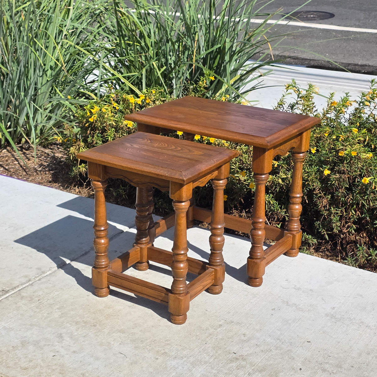 Vintage Oak Nesting Tables Set of 2 Jacobean Turned Legs Distressed Finish