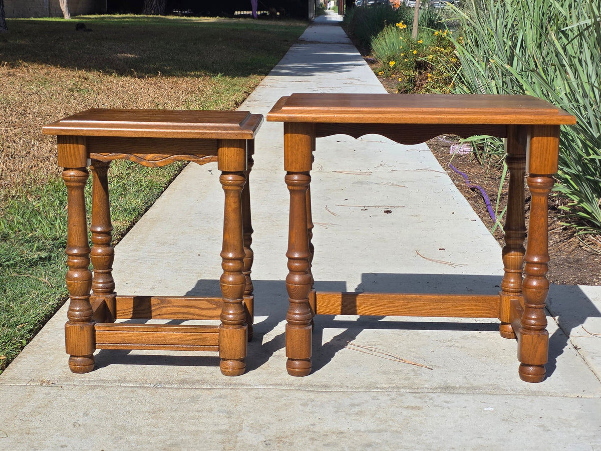 Vintage Oak Nesting Tables Set of 2 Jacobean Turned Legs Distressed Finish