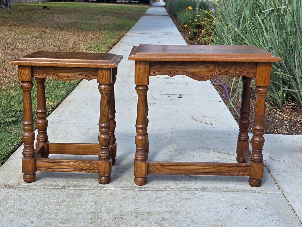 Vintage Oak Nesting Tables Set of 2 Jacobean Turned Legs Distressed Finish