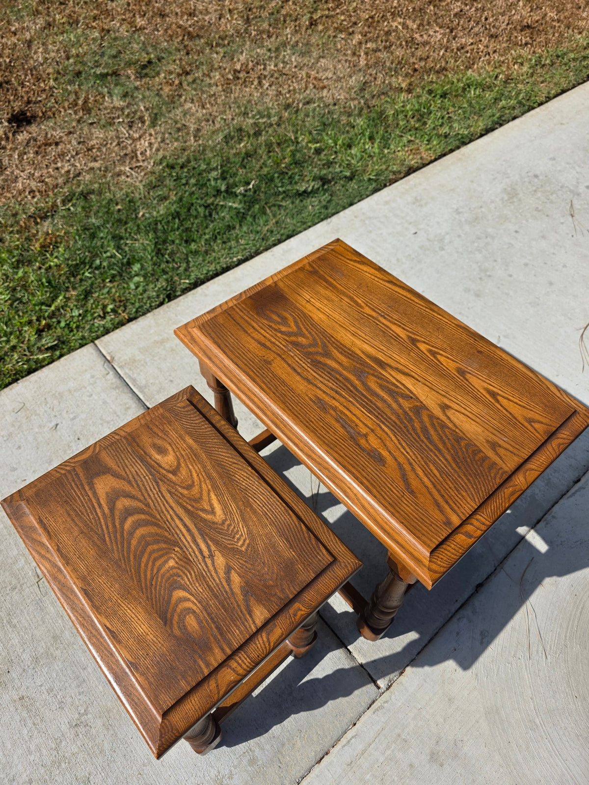 Vintage Oak Nesting Tables Set of 2 Jacobean Turned Legs Distressed Finish