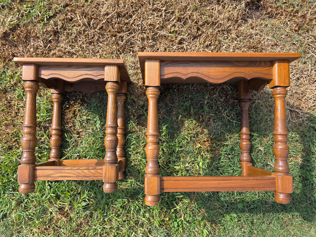 Vintage Oak Nesting Tables Set of 2 Jacobean Turned Legs Distressed Finish