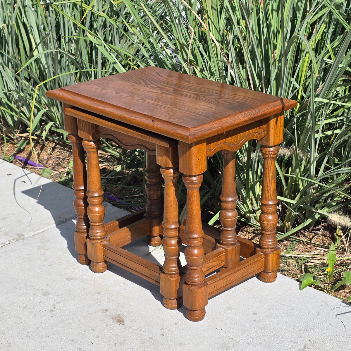 Vintage Oak Nesting Tables Set of 2 Jacobean Turned Legs Distressed Finish
