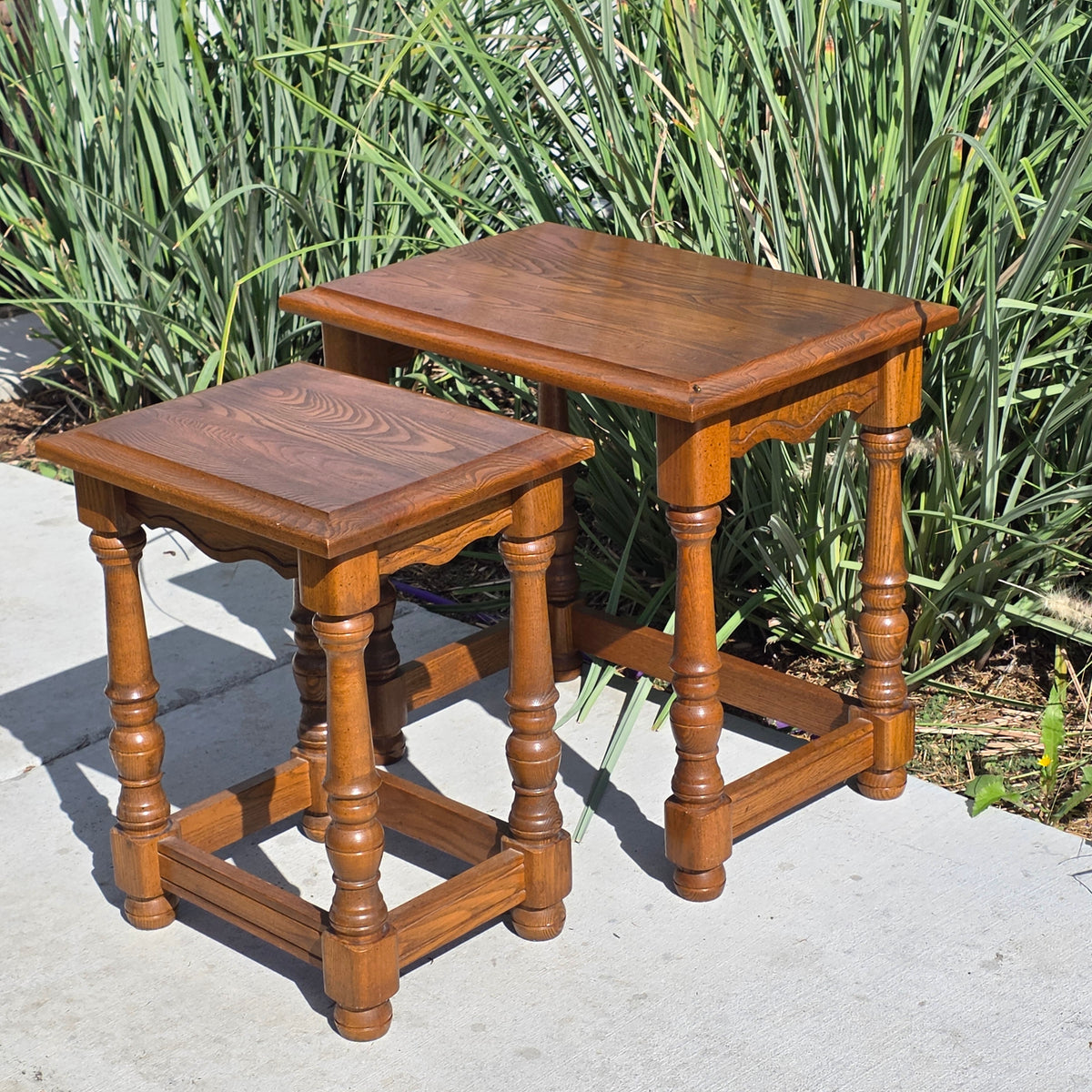 Vintage Oak Nesting Tables Set of 2 Jacobean Turned Legs Distressed Finish