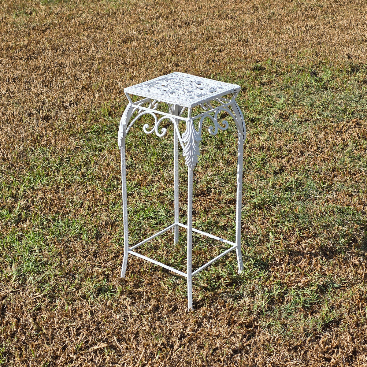 Vintage Cast Iron Wrought Plant Stand Tall Square White Victorian Leaf Hollywood